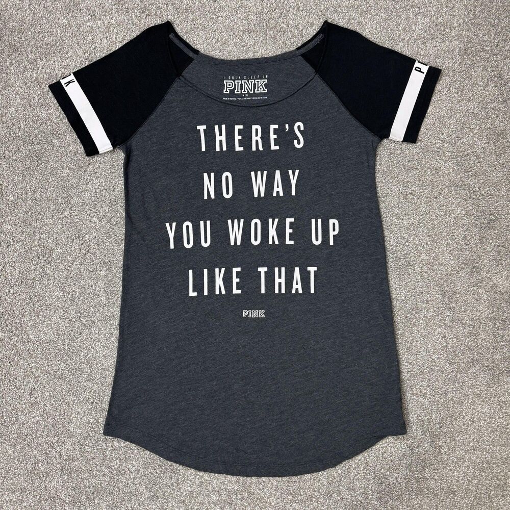 PINK Sleepshirt Womens Medium Gray Quote Graphic Raglan Short Sleeve Nightshirt